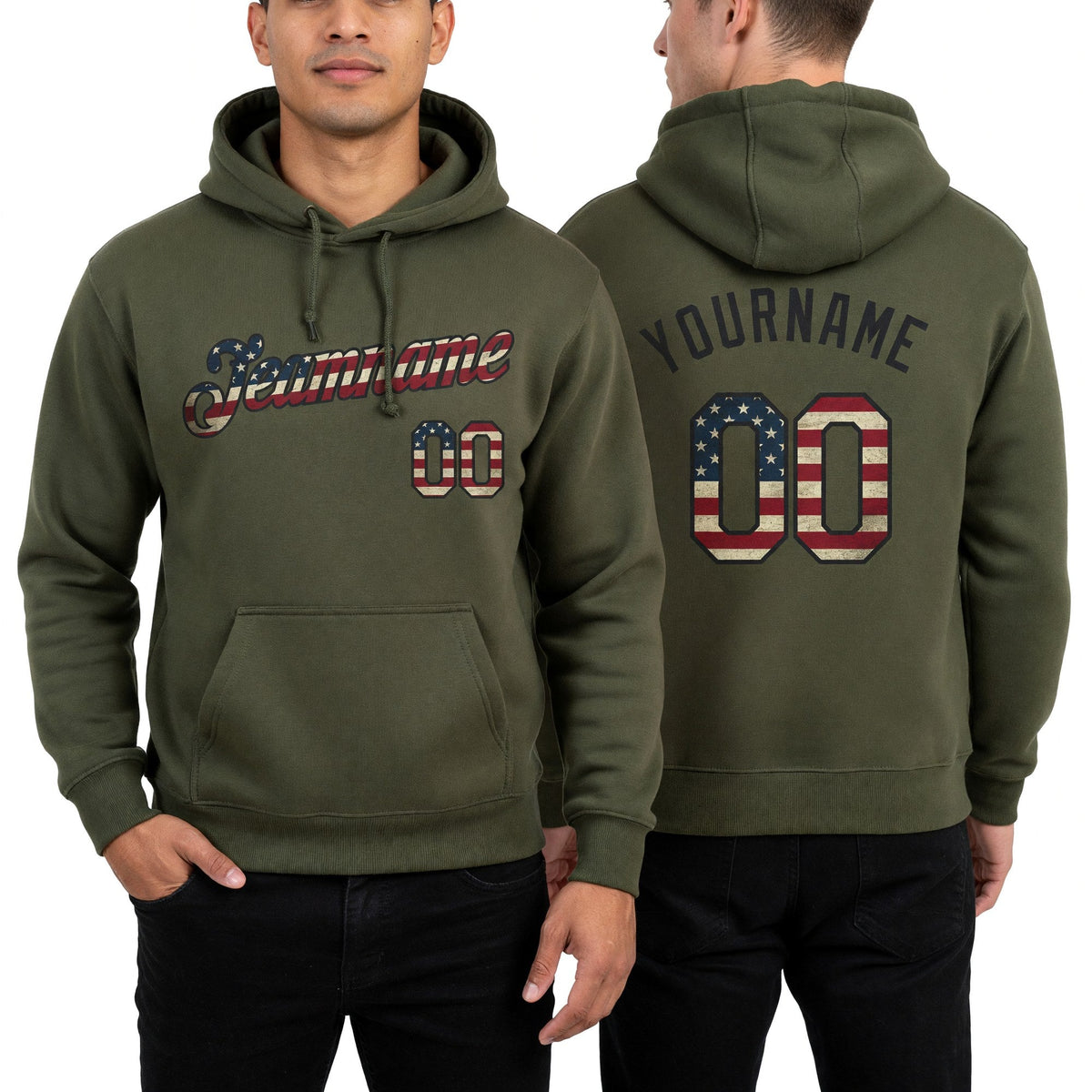Custom Stitched Olive Vintage USA Flag-Black Sports Pullover Sweatshirt Salute To Service Hoodie worn front and back
