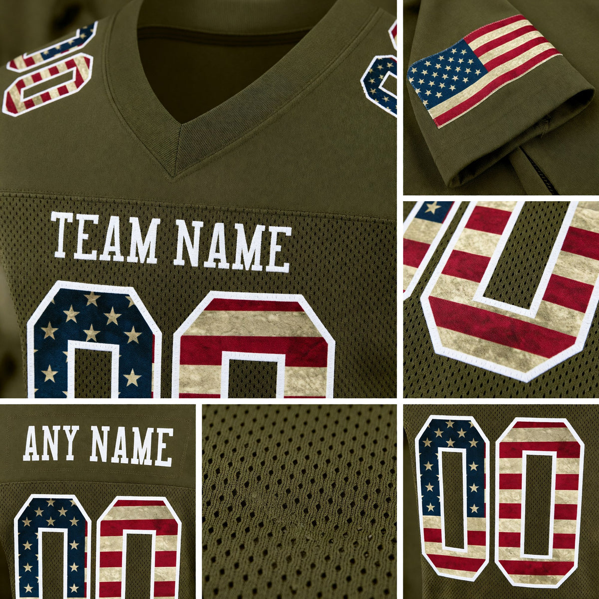 Custom Olive Vintage USA Flag-White Mesh Authentic Salute To Service Football Jersey detail