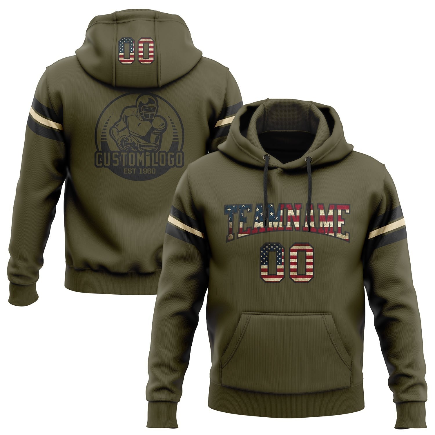 Custom Stitched Olive Vintage USA Flag Black-Cream Football Pullover Sweatshirt Salute To Service Hoodie photo 1