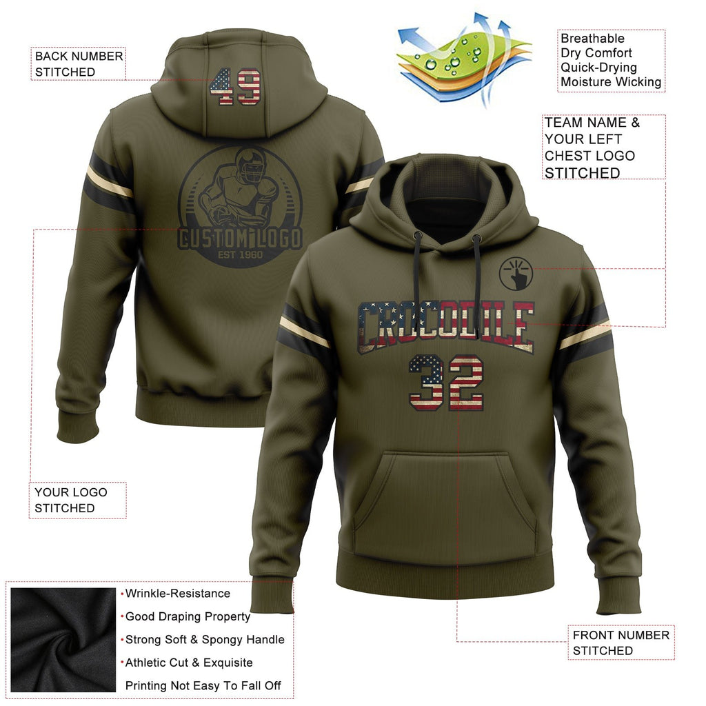 Custom Stitched Olive Vintage USA Flag Black-Cream Football Pullover Sweatshirt Salute To Service Hoodie photo 2