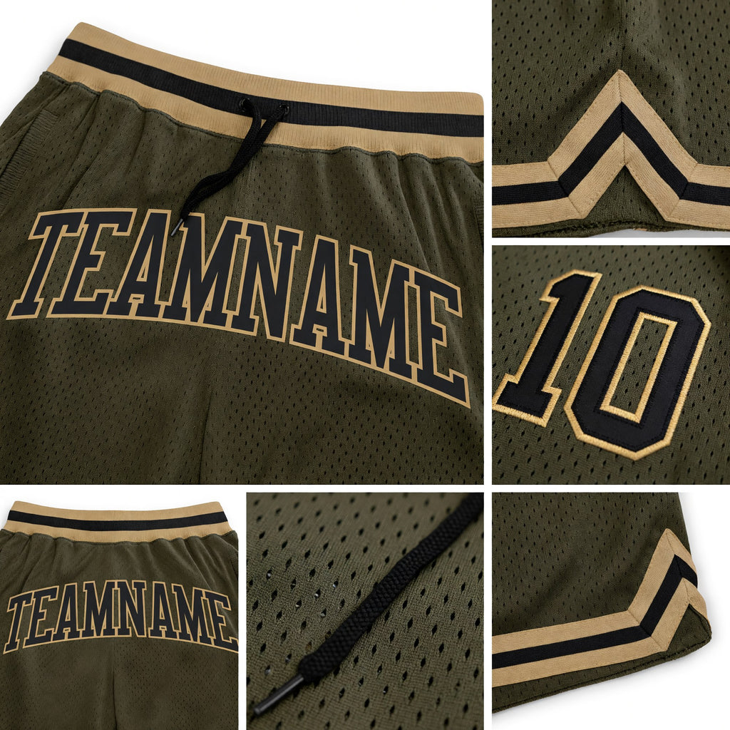 Custom Olive Black-Old Gold Authentic Throwback Salute To Service Basketball Shorts detail