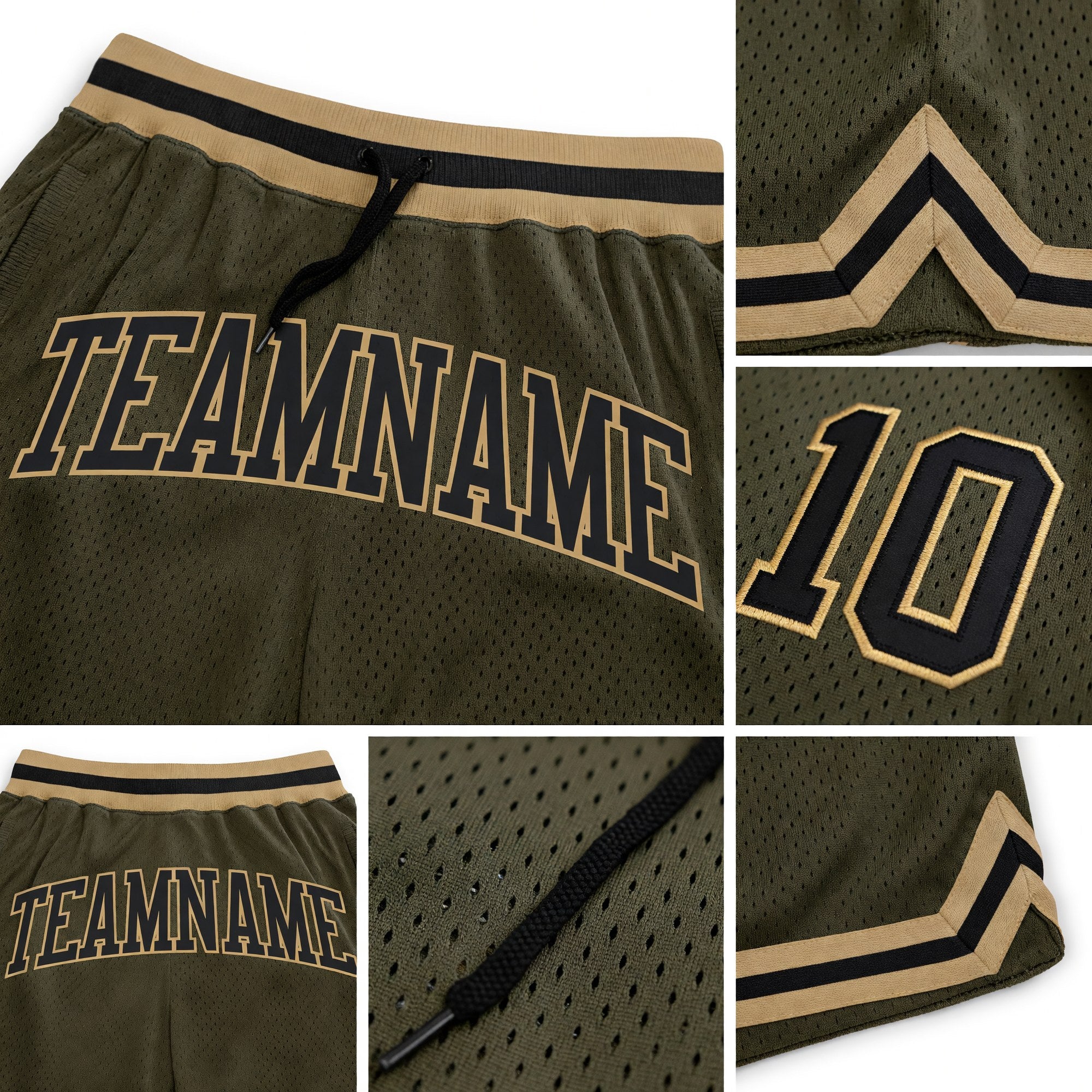Custom Olive Black-Old Gold Authentic Throwback Salute To Service Basketball Shorts detail