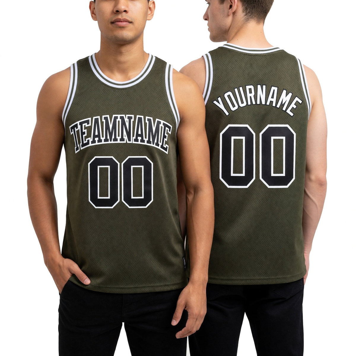 Custom Olive Black-White Authentic Throwback Salute To Service Basketball Jersey worn front and back