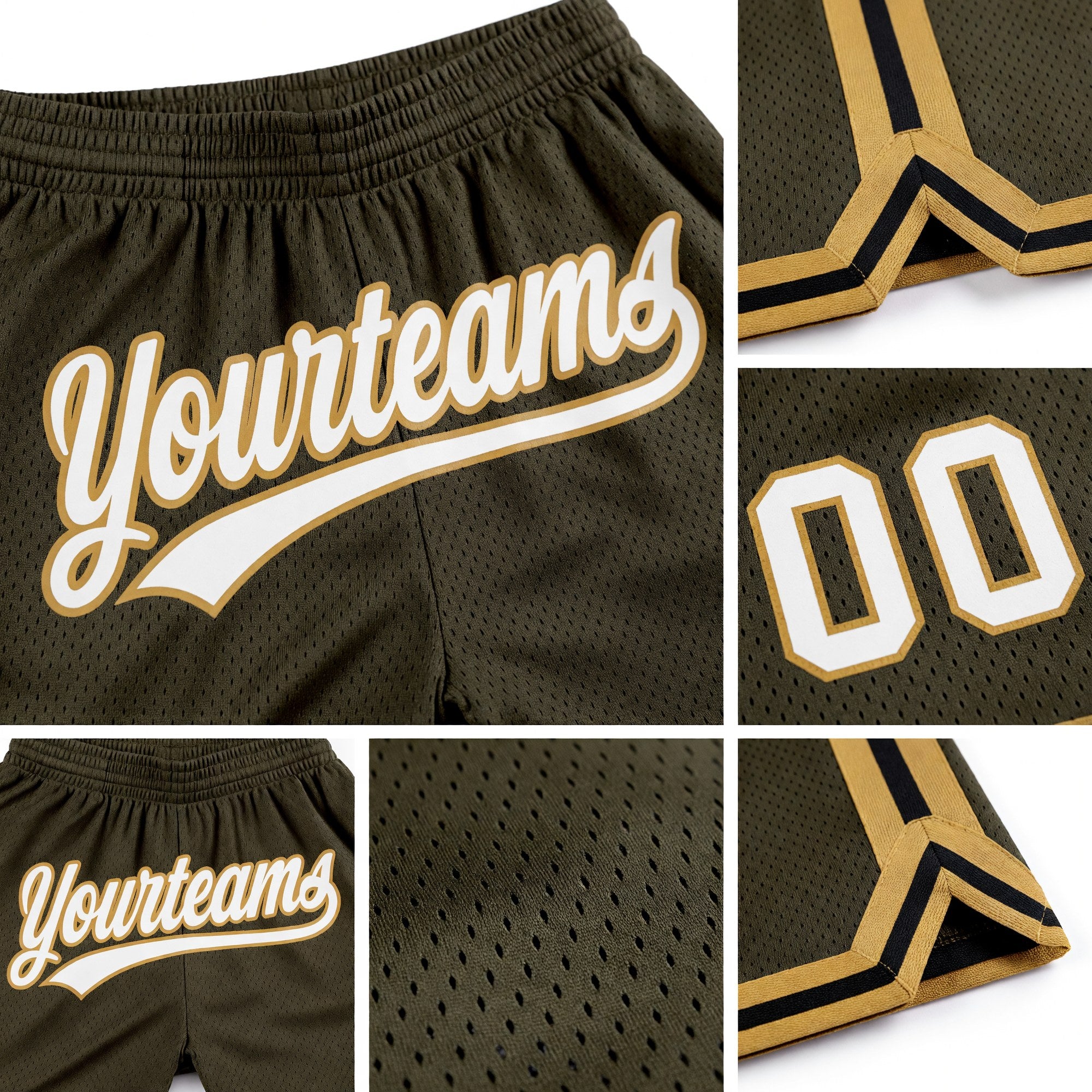 Custom Olive White Old Gold-Black Authentic Throwback Salute To Service Basketball Shorts detail