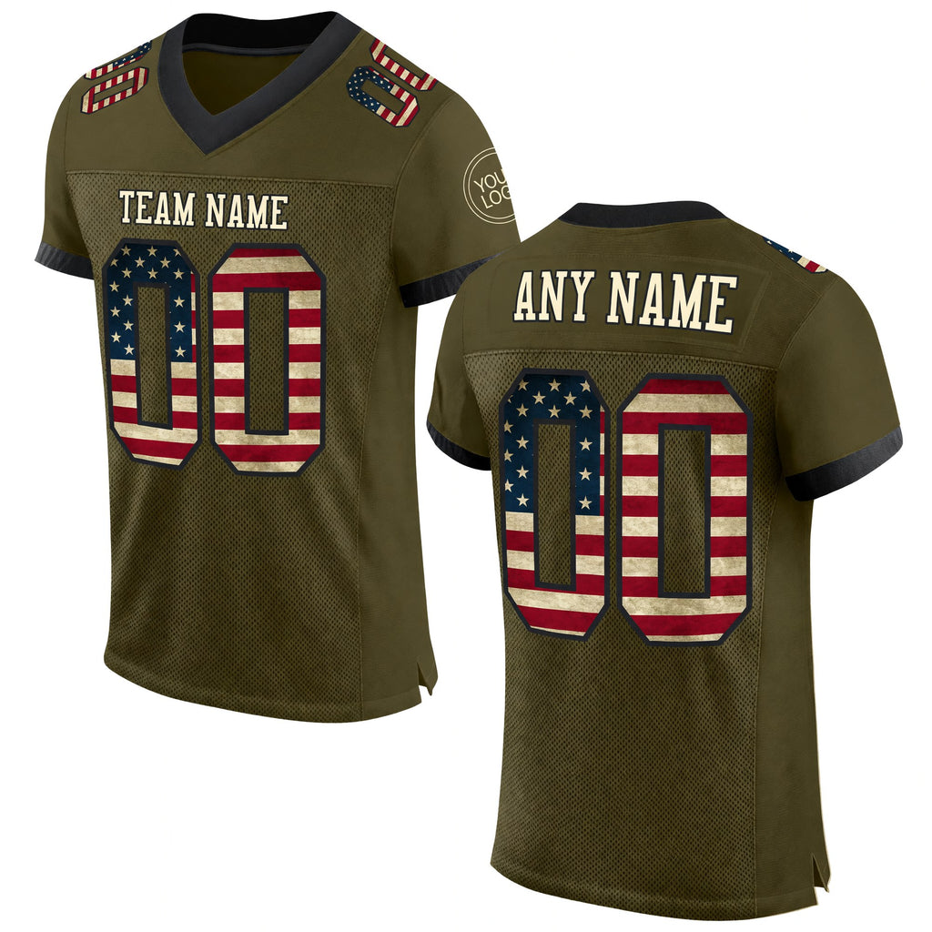 Custom Olive Vintage USA Flag Cream-Black Mesh Authentic Salute To Service Football Jersey