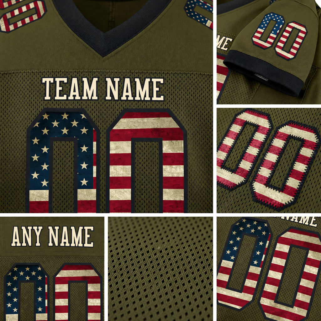 Custom Olive Vintage USA Flag Cream-Black Mesh Authentic Salute To Service Football Jersey detail
