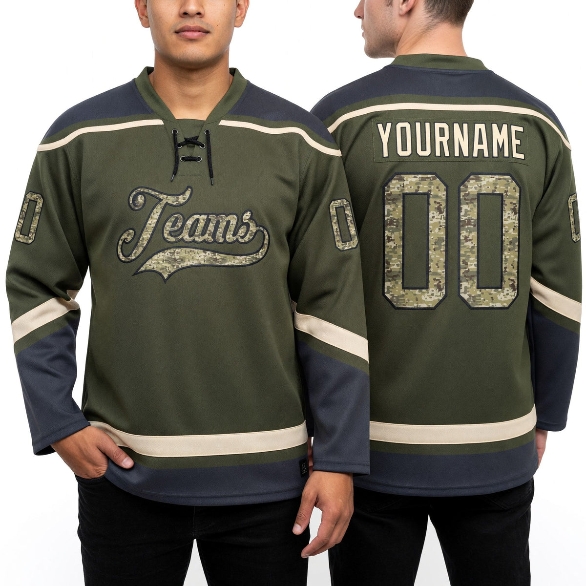 Custom Olive Camo Black-Cream Salute To Service Hockey Lace Neck Jersey worn front and back