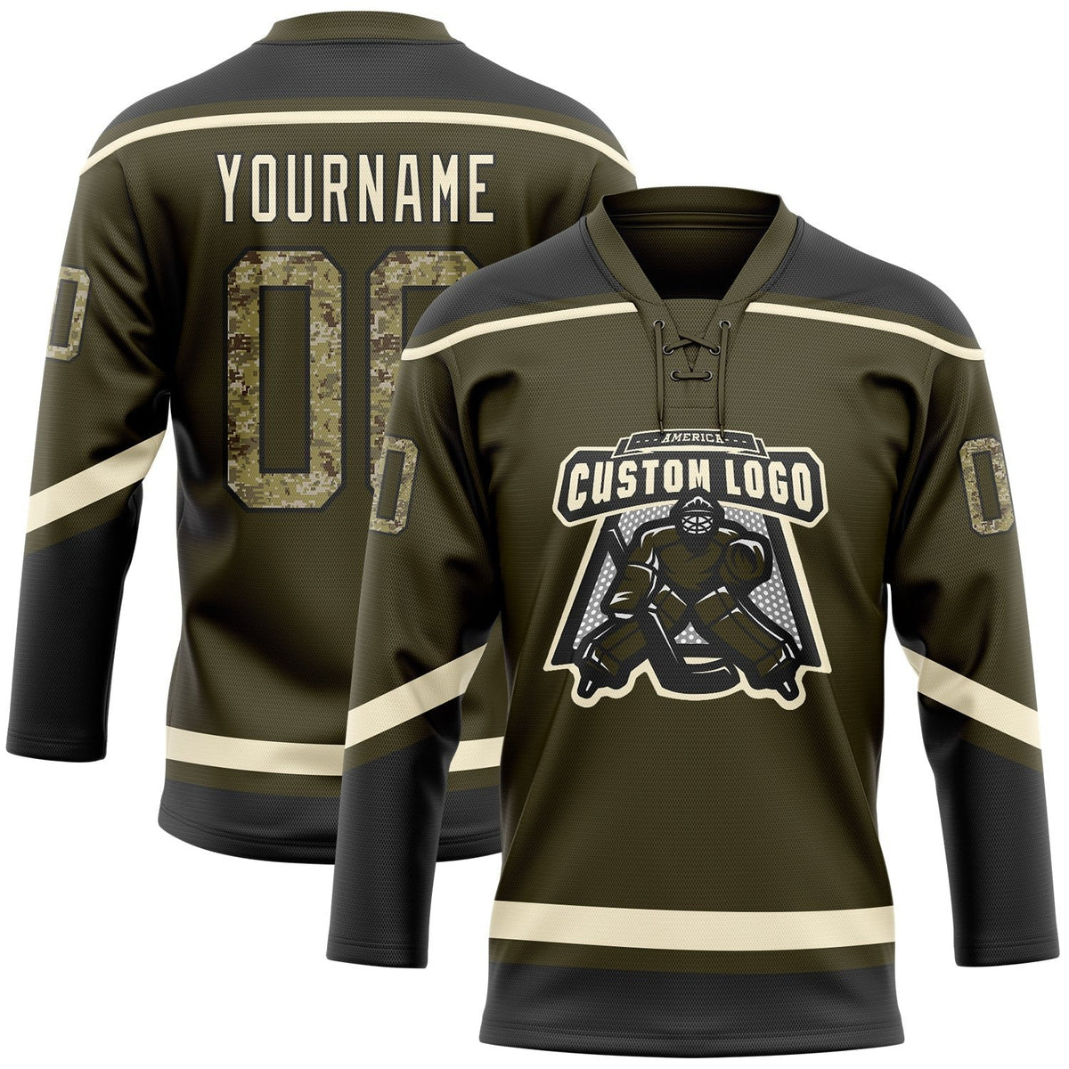 Custom Olive Camo Black-Cream Salute To Service Hockey Lace Neck Jersey photo 2