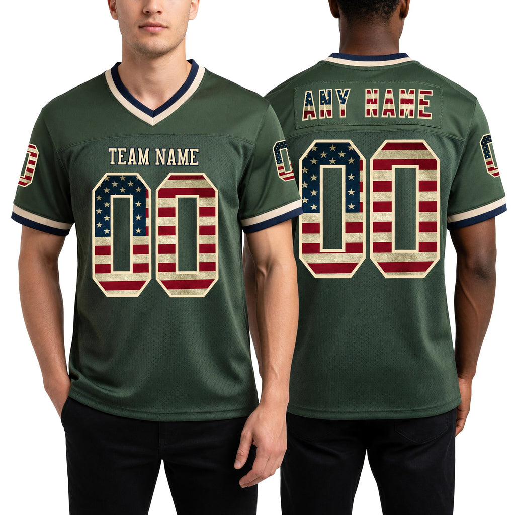 Custom Olive Vintage USA Flag Cream-Black Mesh Authentic Throwback Salute To Service Football Jersey worn front and back