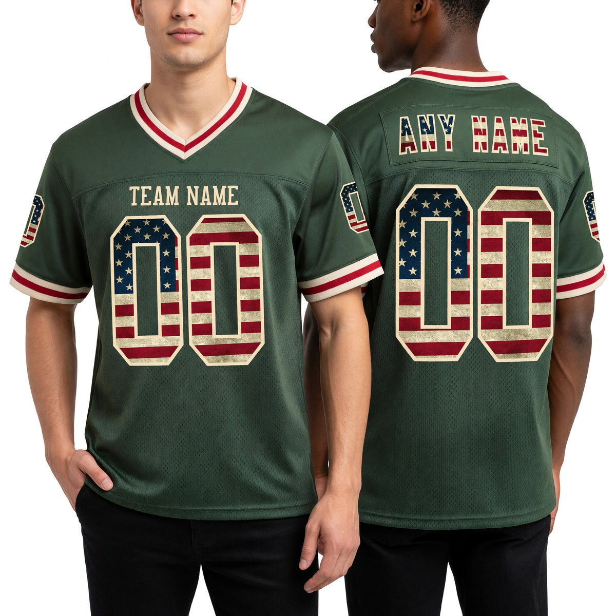 Custom Olive Vintage USA Flag Cream-Red Mesh Authentic Throwback Salute To Service Football Jersey worn front and back