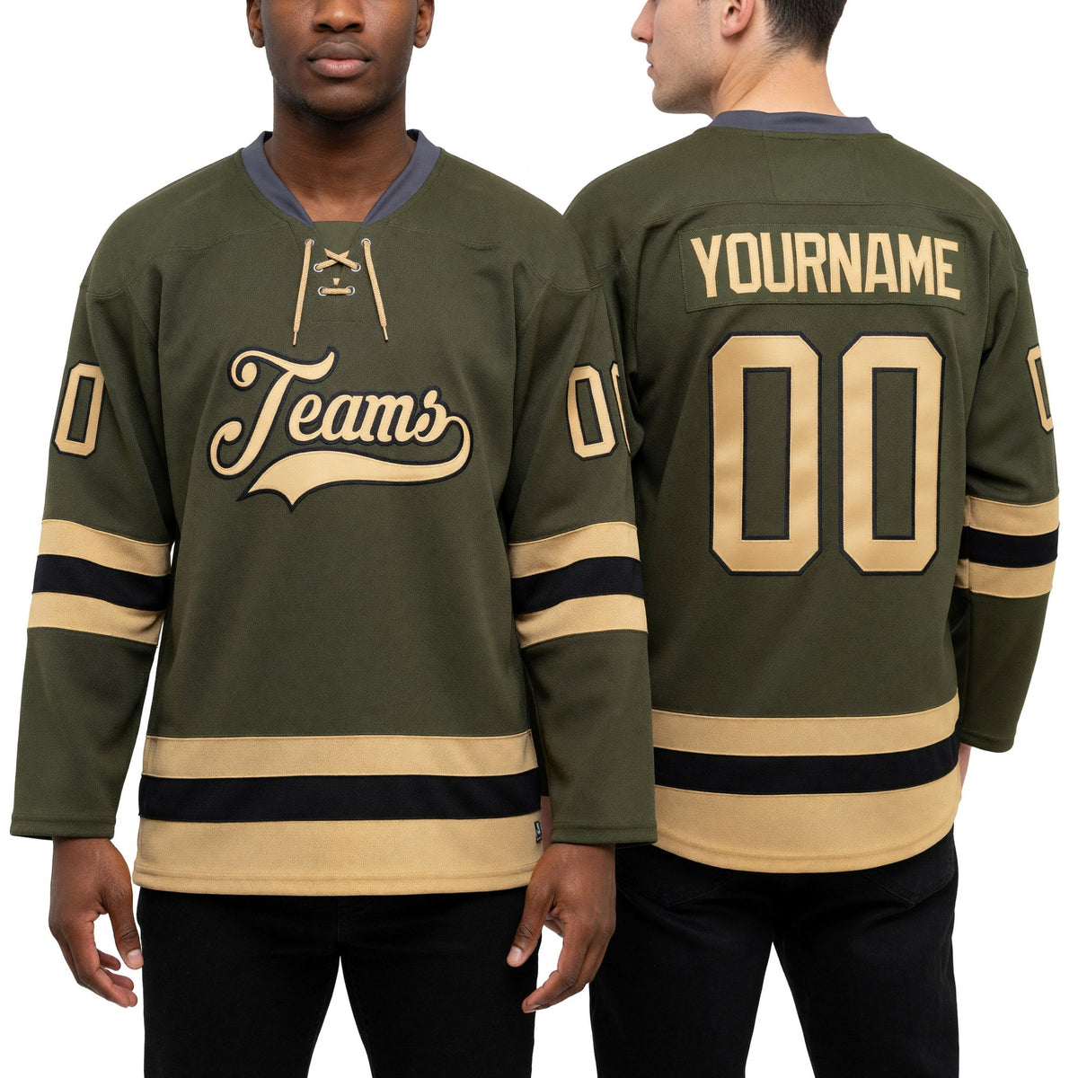 Custom Olive Old Gold-Black Salute To Service Hockey Lace Neck Jersey worn front and back