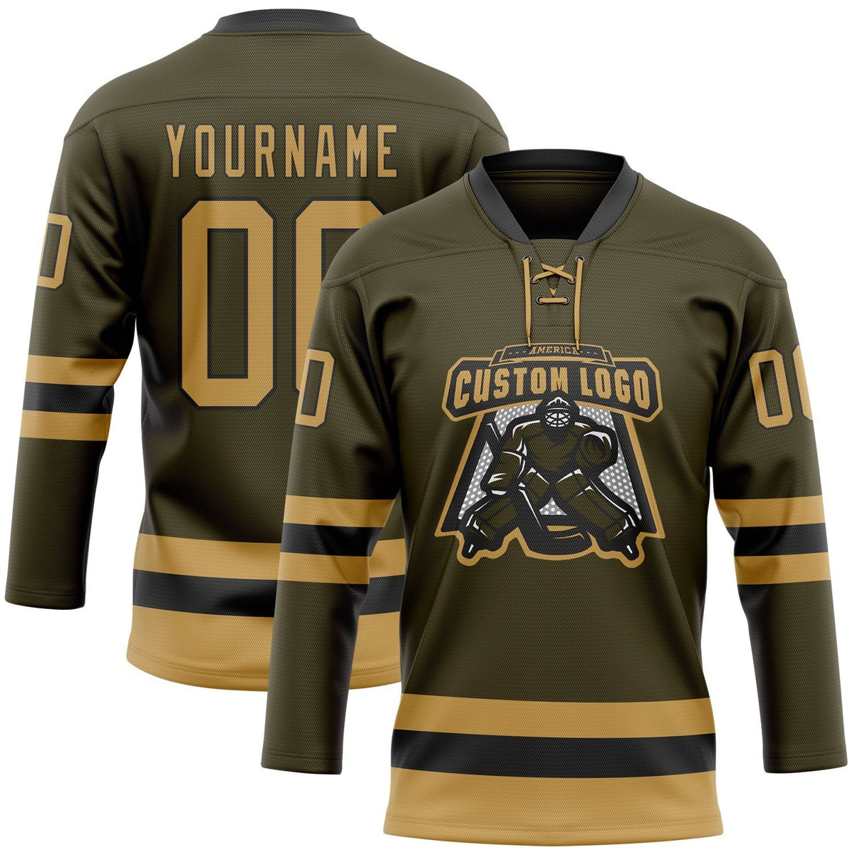 Custom Olive Old Gold-Black Salute To Service Hockey Lace Neck Jersey photo 2