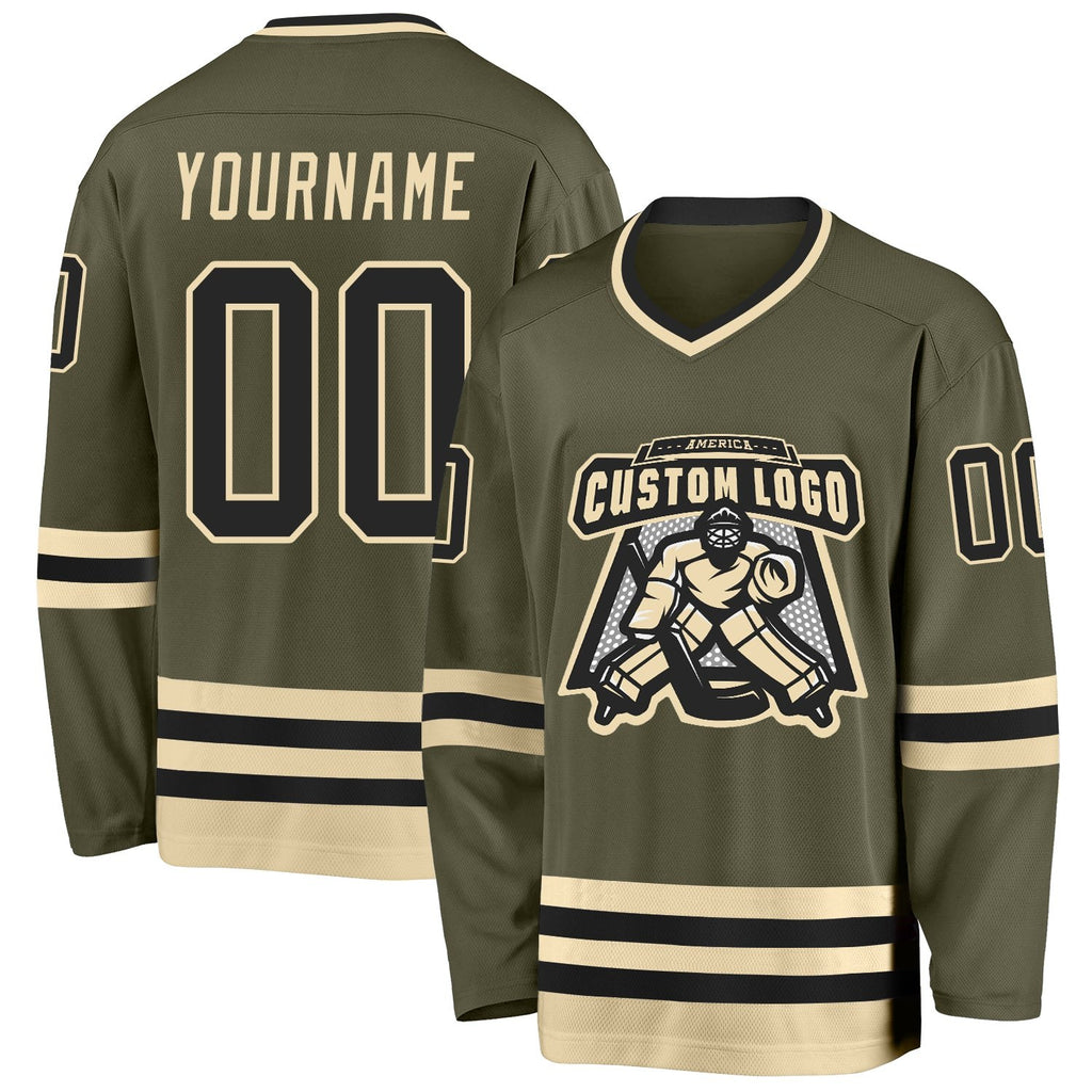 Custom Olive Black-Cream Salute To Service Hockey Jersey photo 2