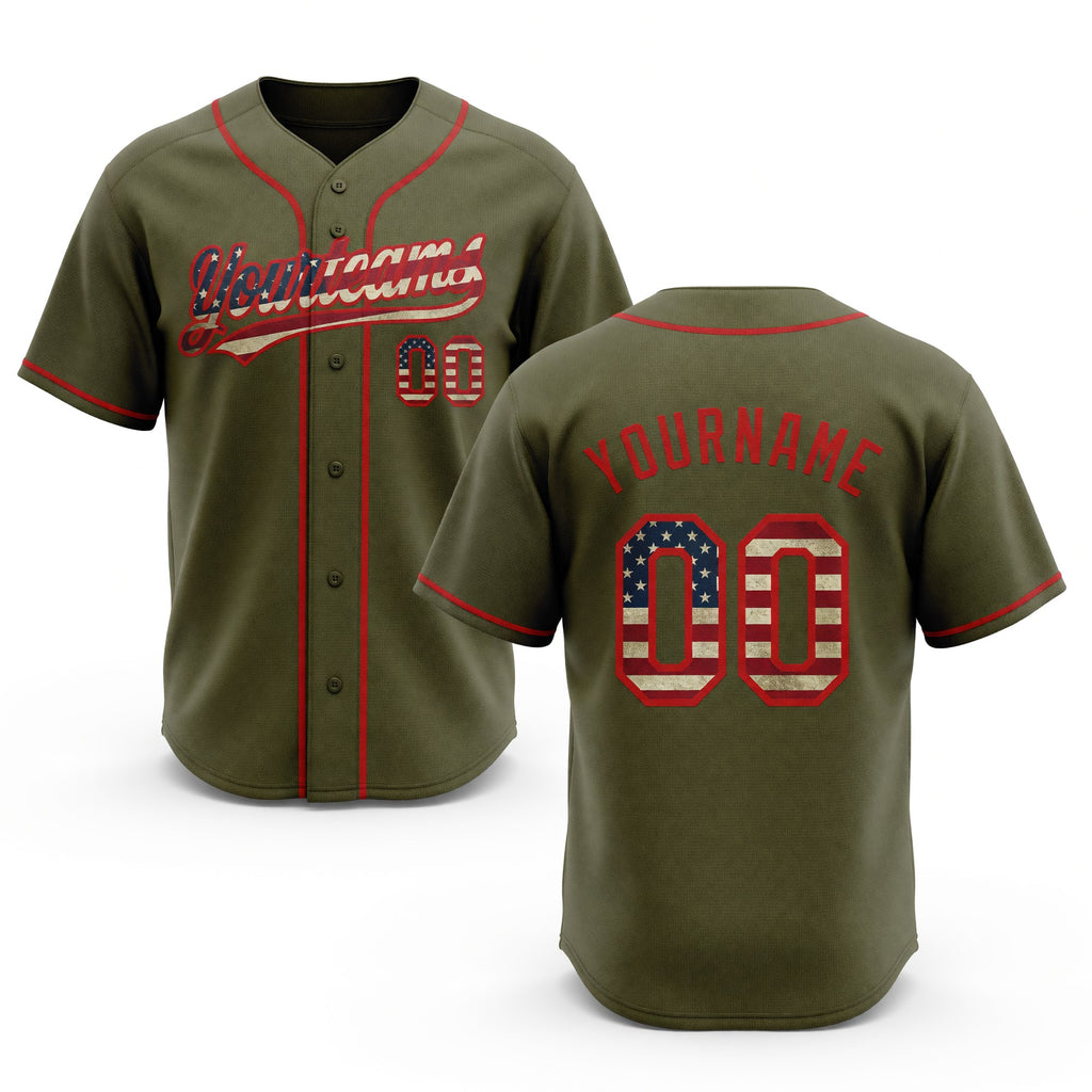 Custom Stitched Olive Vintage USA Flag-Red Baseball Pullover Sweatshirt Hoodie