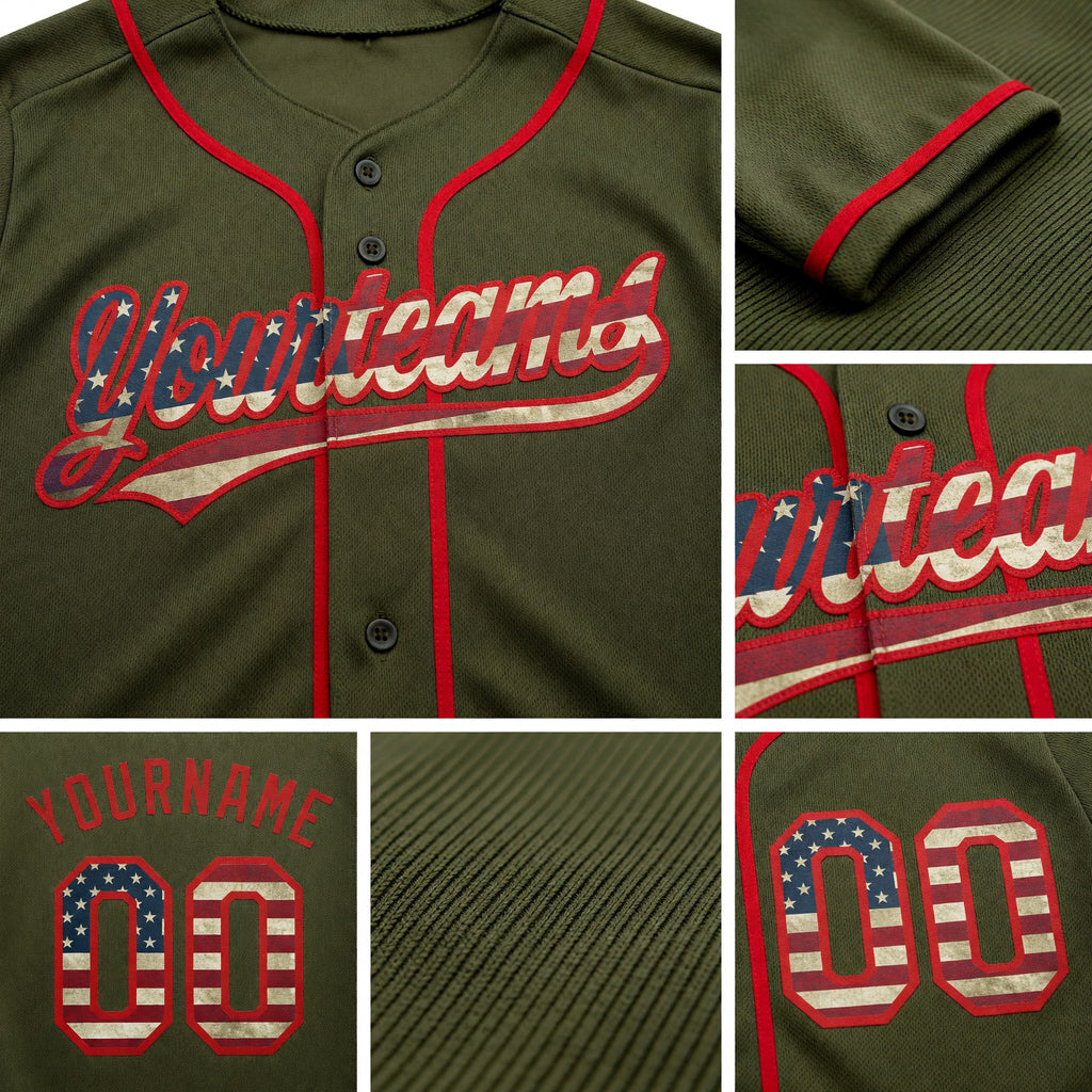 Custom Stitched Olive Vintage USA Flag-Red Baseball Pullover Sweatshirt Hoodie detail