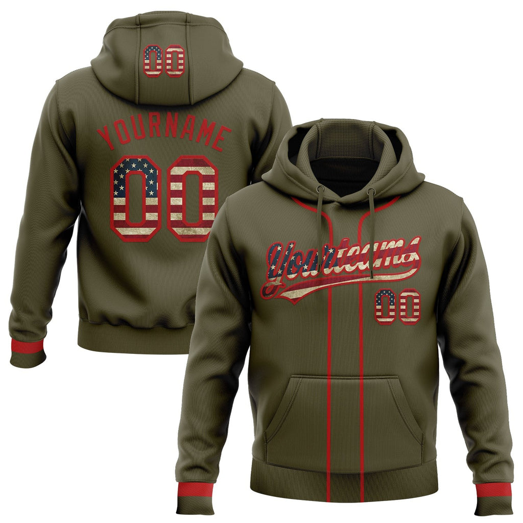 Custom Stitched Olive Vintage USA Flag-Red Baseball Pullover Sweatshirt Hoodie photo 1