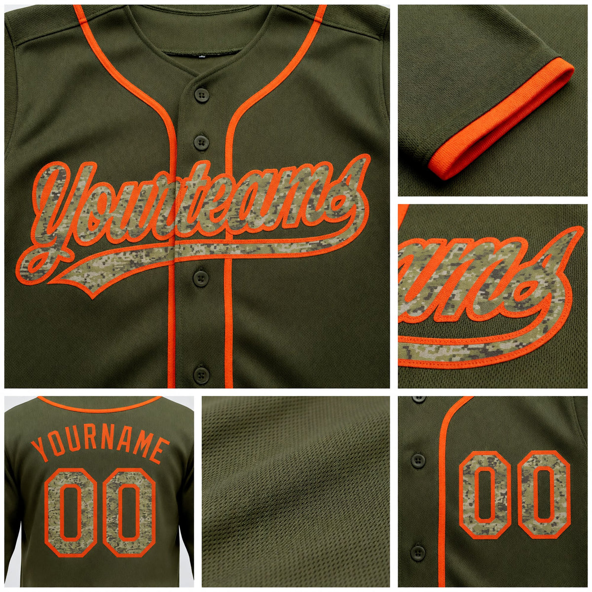 Custom Stitched Olive Camo-Orange Baseball Pullover Sweatshirt Hoodie detail