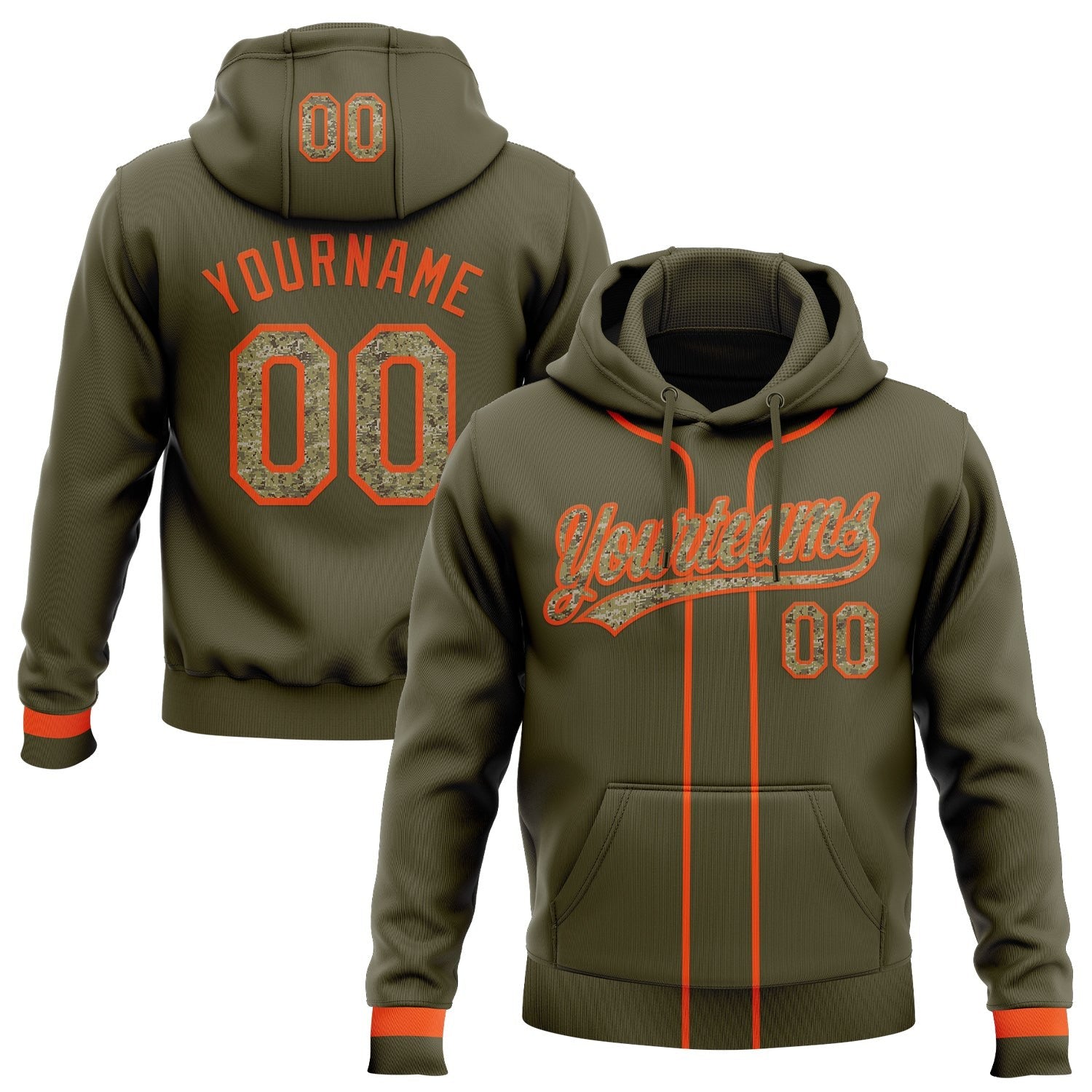 Custom Stitched Olive Camo-Orange Baseball Pullover Sweatshirt Hoodie photo 1