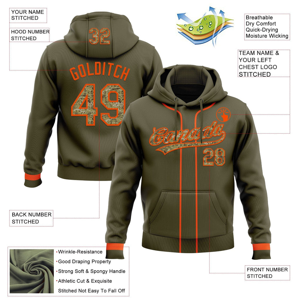 Custom Stitched Olive Camo-Orange Baseball Pullover Sweatshirt Hoodie photo 2