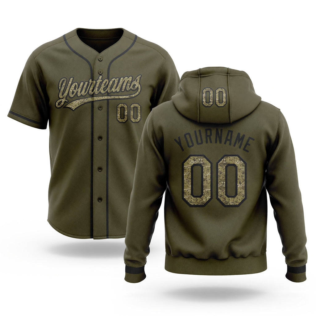 Custom Stitched Olive Camo-Black Baseball Pullover Sweatshirt Hoodie