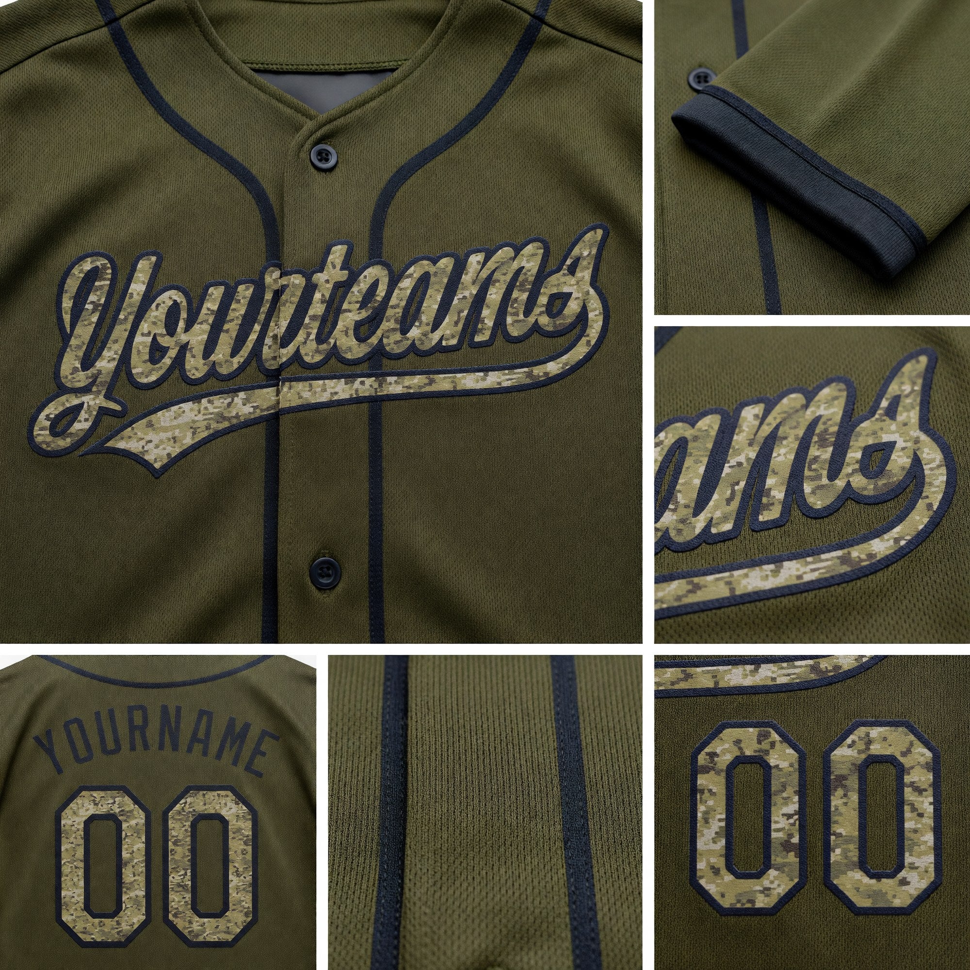 Custom Stitched Olive Camo-Black Baseball Pullover Sweatshirt Hoodie detail