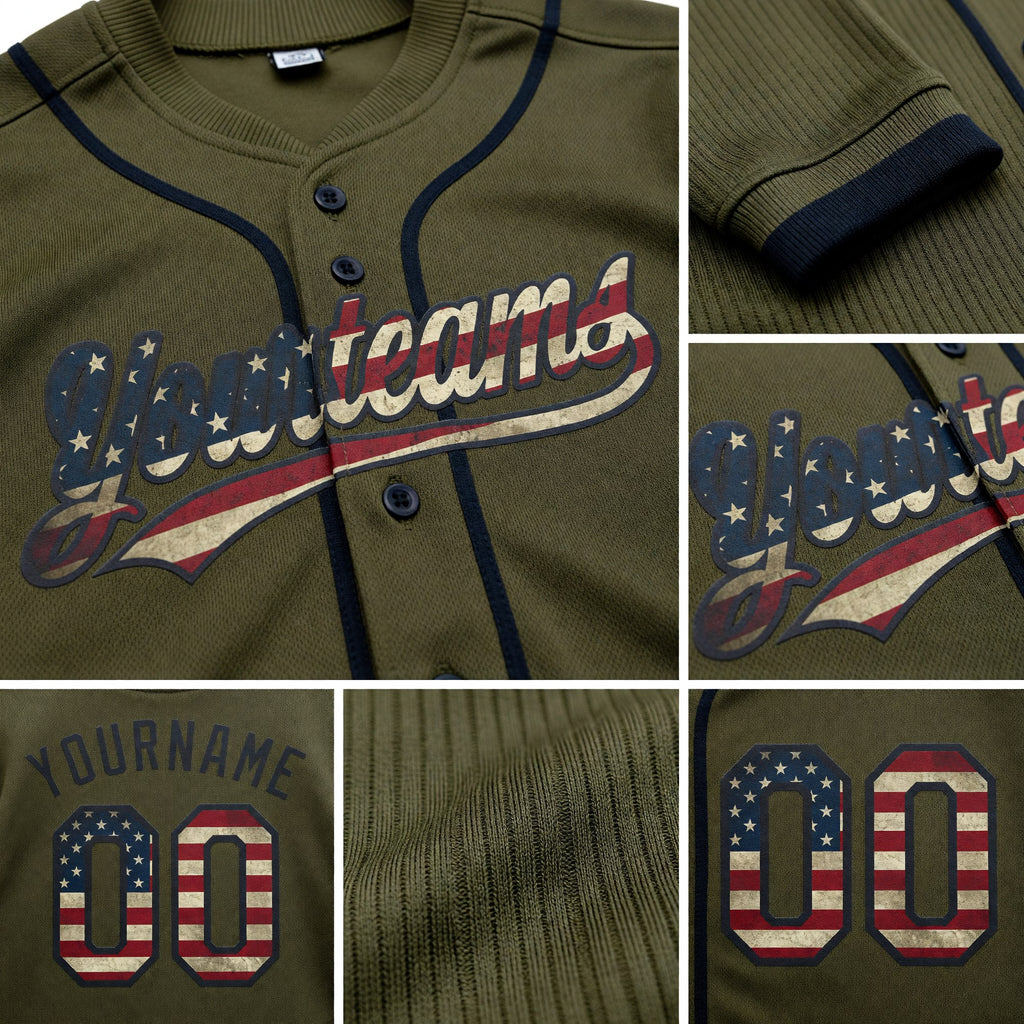 Custom Stitched Olive Vintage USA Flag-Black Baseball Pullover Sweatshirt Hoodie detail