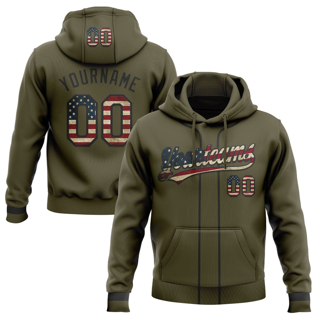 Custom Stitched Olive Vintage USA Flag-Black Baseball Pullover Sweatshirt Hoodie photo 1