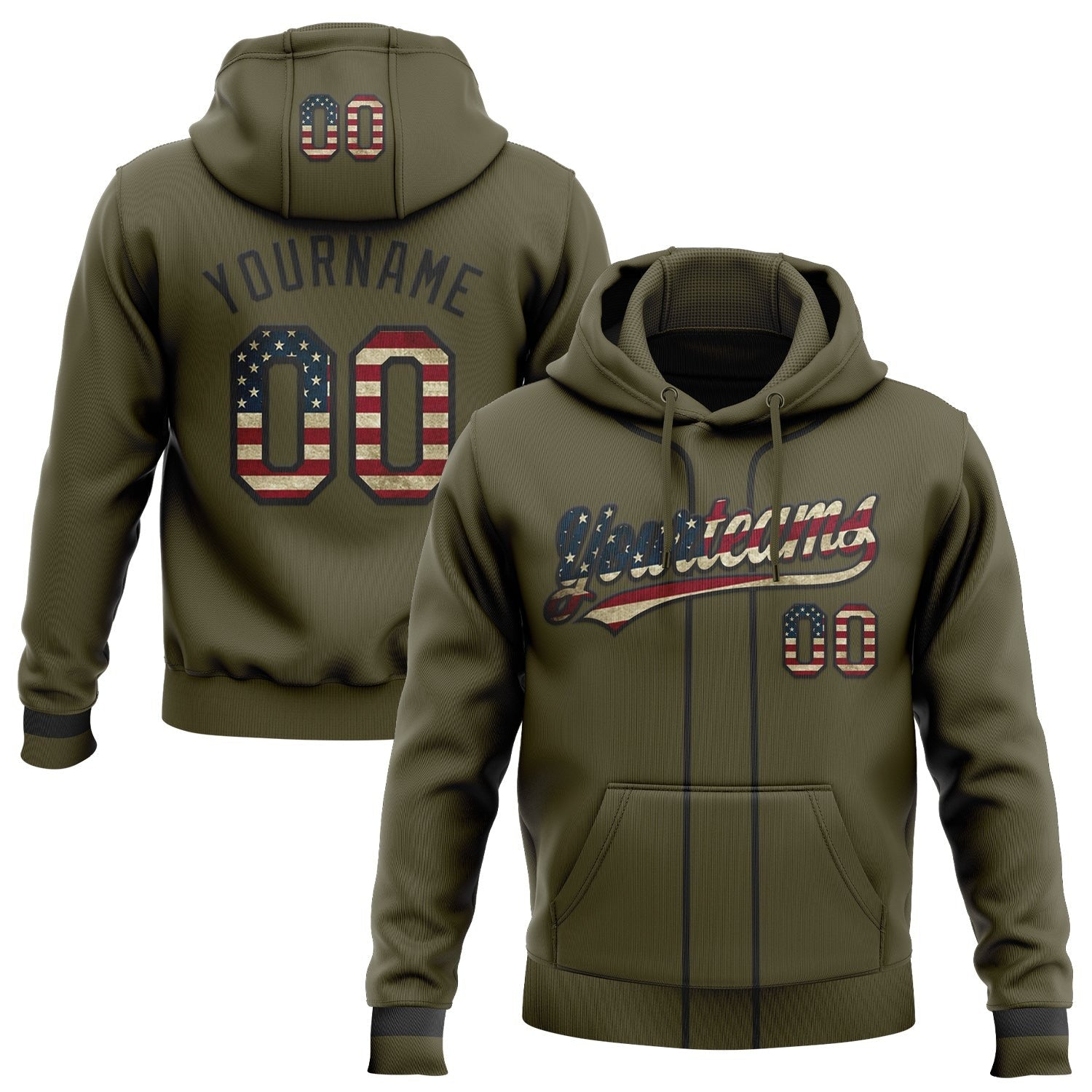 Custom Stitched Olive Vintage USA Flag-Black Baseball Pullover Sweatshirt Hoodie photo 1