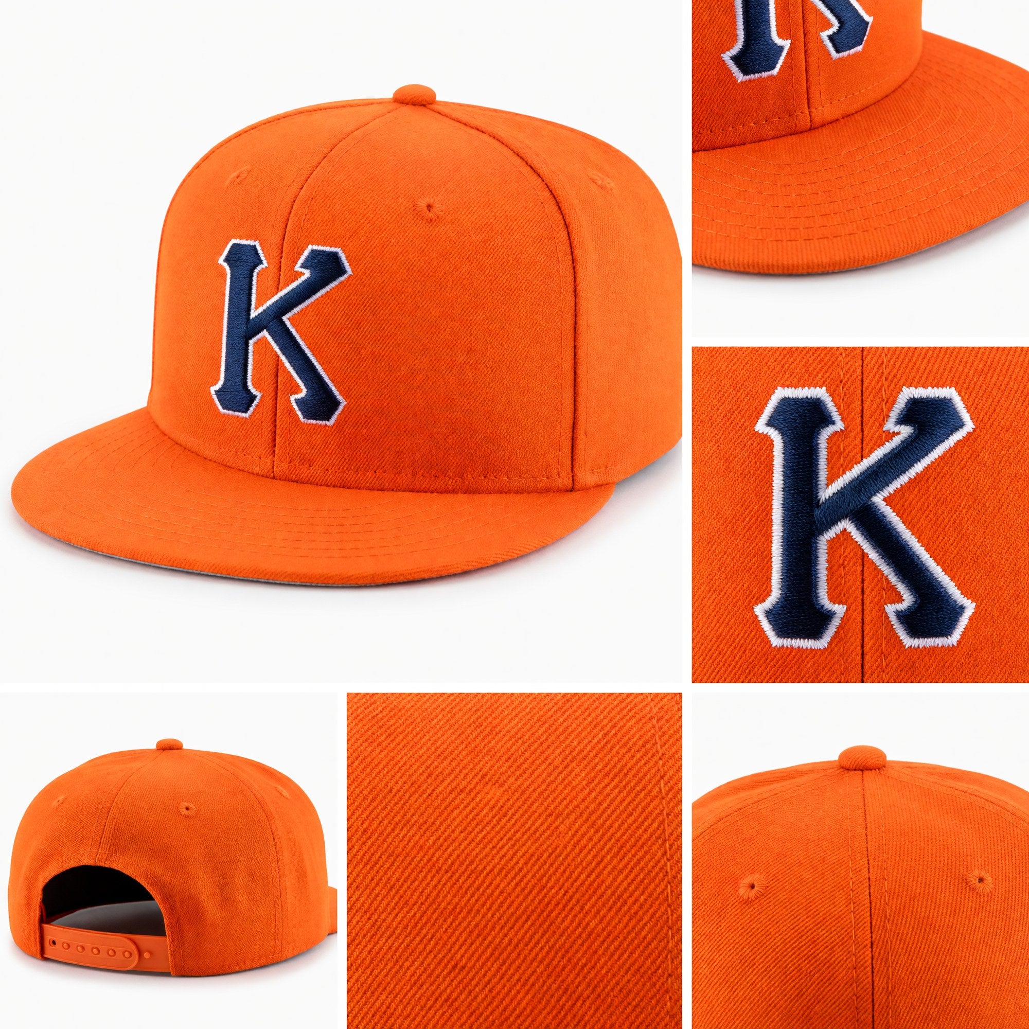 Custom Orange Navy-White Stitched Adjustable Snapback Hat detail