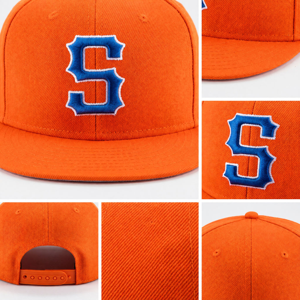 Custom Orange Royal-White Stitched Adjustable Snapback Hat detail