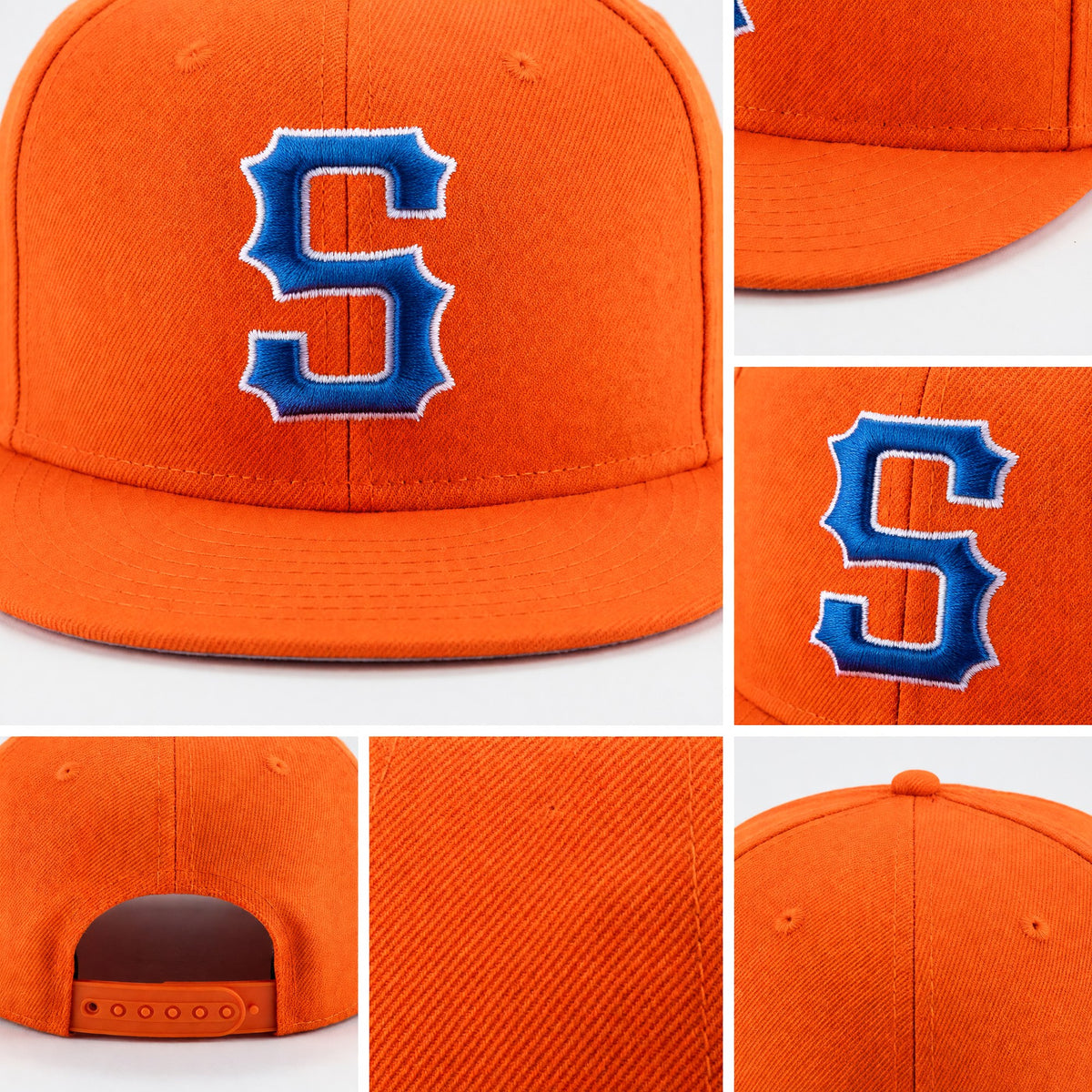 Custom Orange Royal-White Stitched Adjustable Snapback Hat detail