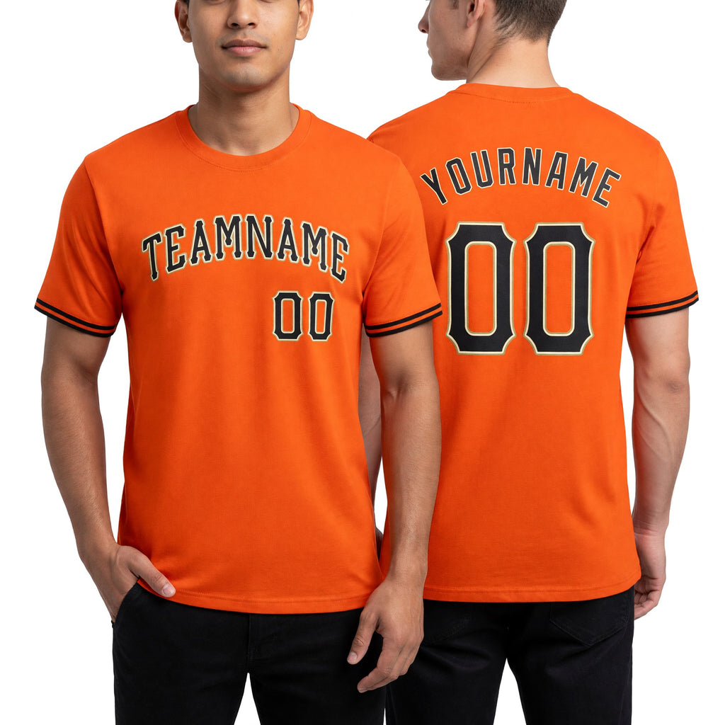Custom Orange Black-Old Gold Performance T-Shirt worn front and back