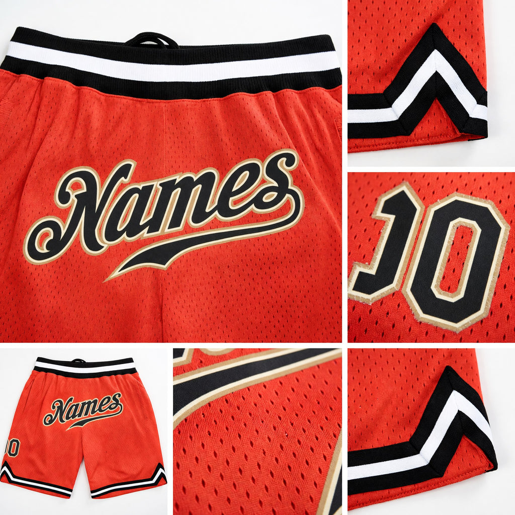 Custom Orange Black-Old Gold Authentic Throwback Basketball Shorts detail