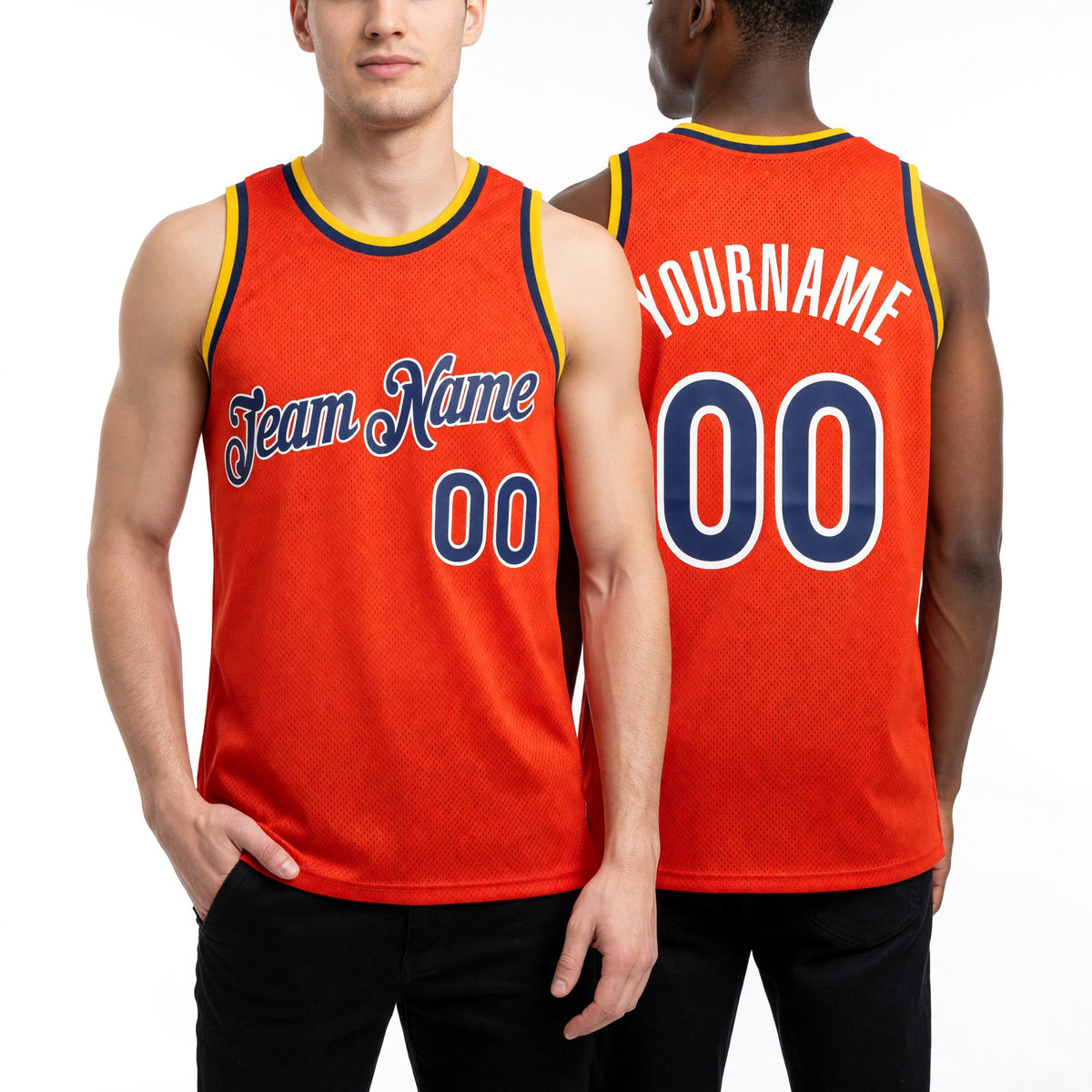 Custom Orange Navy-Gold Authentic Throwback Basketball Jersey worn front and back
