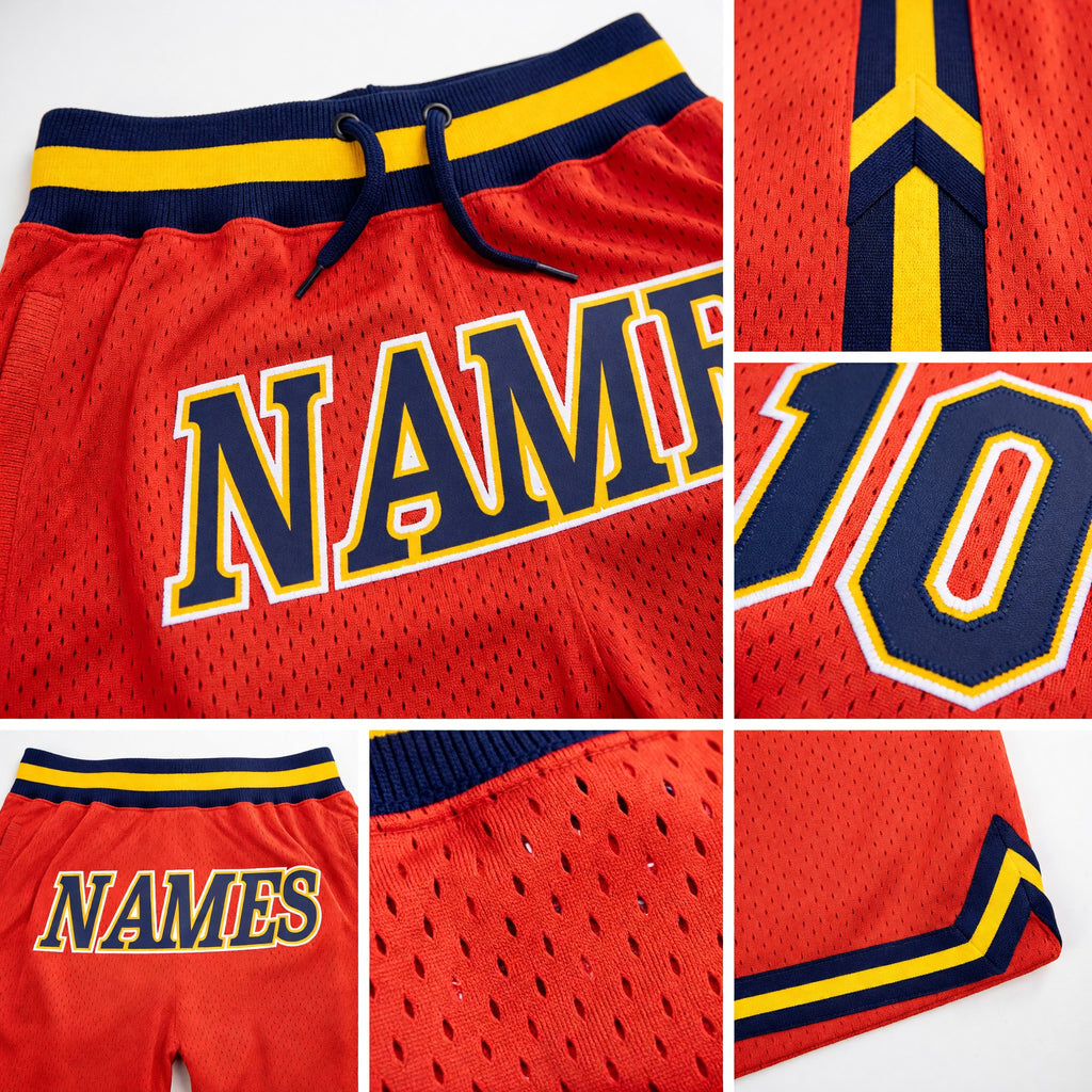 Custom Orange Navy-Gold Authentic Throwback Basketball Shorts detail