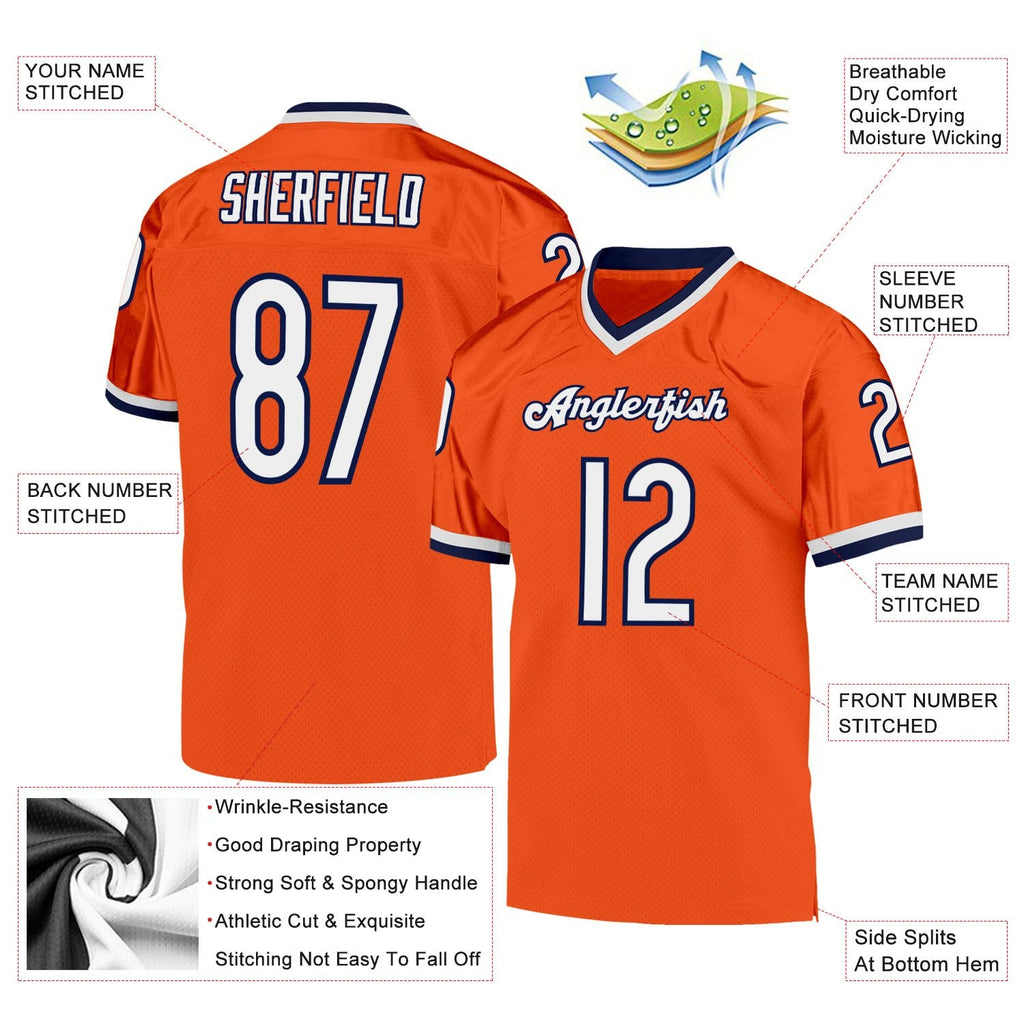Custom Orange White-Navy Mesh Authentic Throwback Football Jersey photo 4