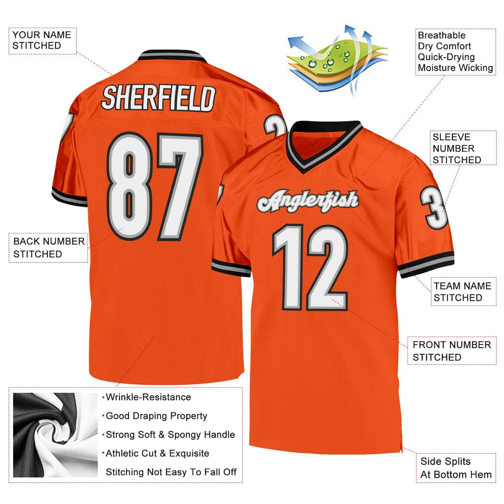 Custom Orange White-Black Mesh Authentic Throwback Football Jersey photo 4