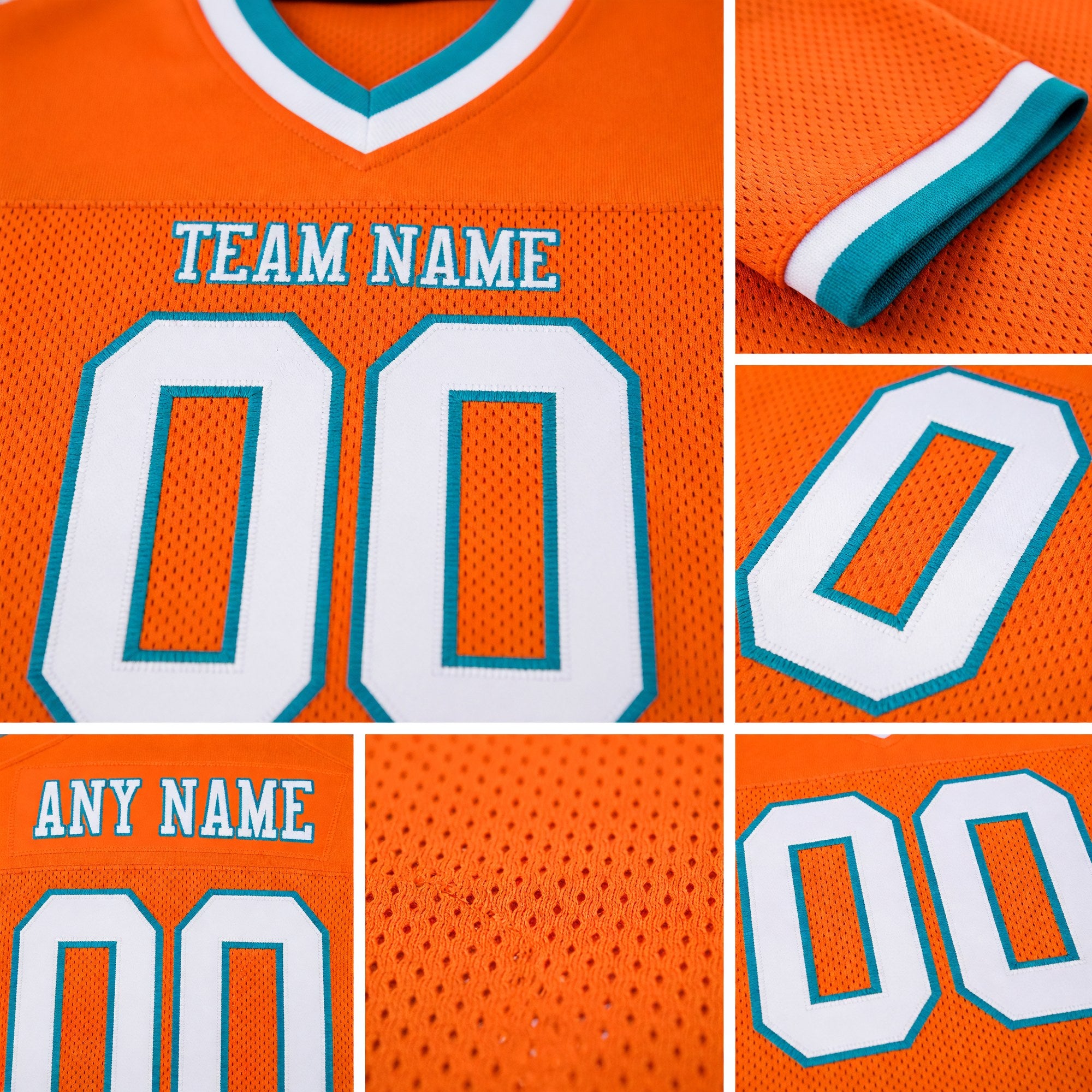 Custom Orange White-Teal Mesh Authentic Throwback Football Jersey detail