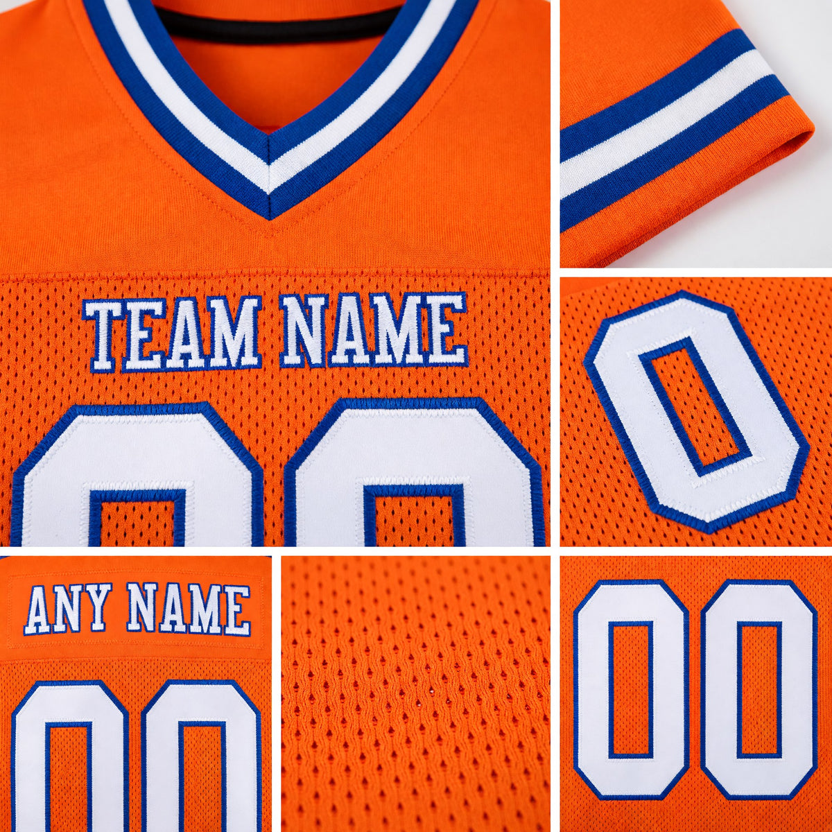 Custom Orange White-Royal Mesh Authentic Throwback Football Jersey detail