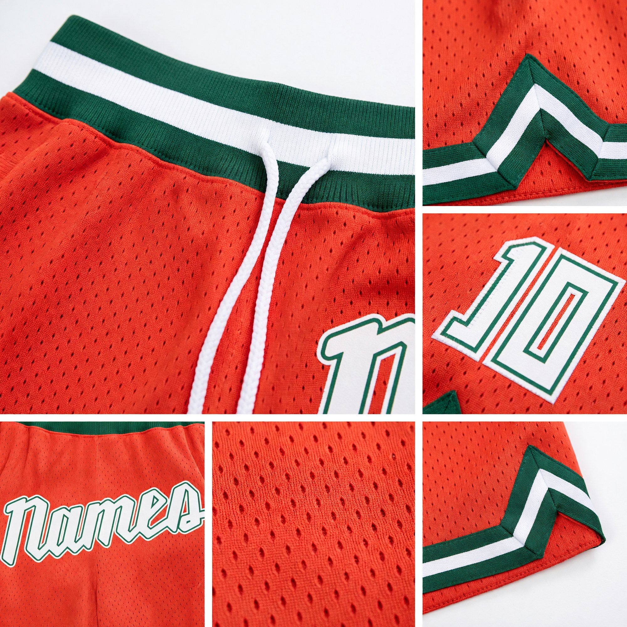 Custom Orange White-Hunter Green Authentic Throwback Basketball Shorts detail