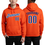 Custom Stitched Orange Royal-White Sports Pullover Sweatshirt Hoodie worn front and back