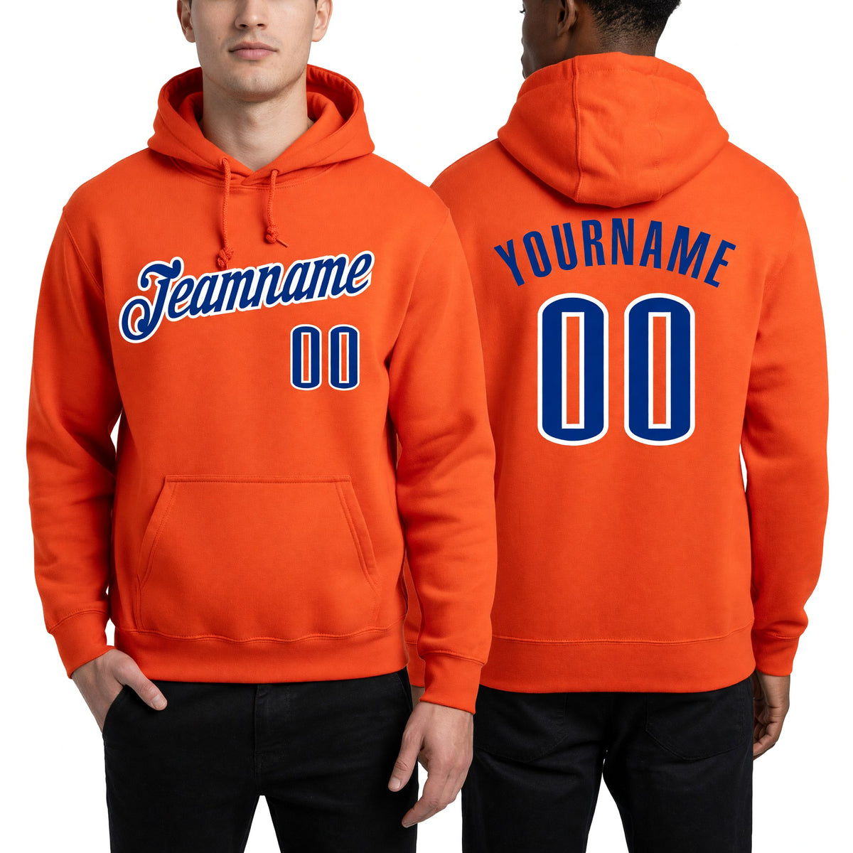 Custom Stitched Orange Royal-White Sports Pullover Sweatshirt Hoodie worn front and back