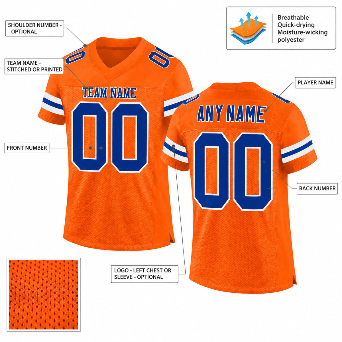 Custom Orange Mesh Authentic Football Jersey with Royal and White Lettering Design 0140 customization guide
