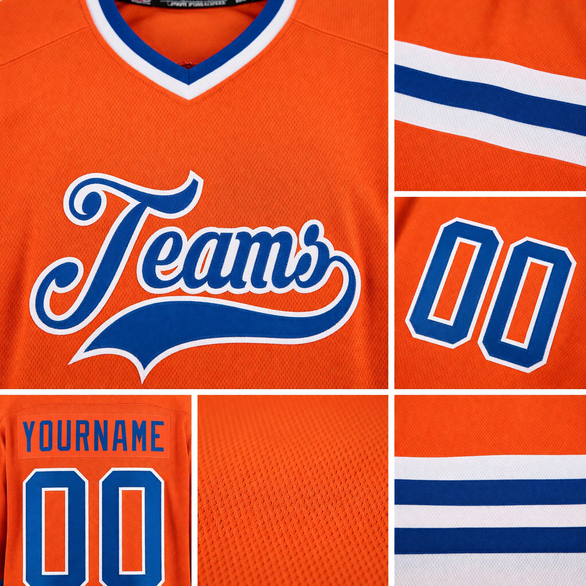 Custom Orange Royal-White Hockey Jersey detail