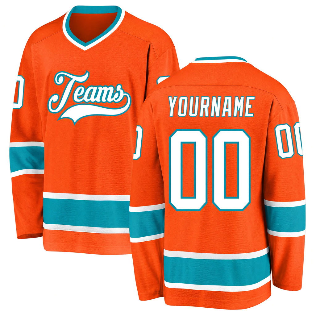 Custom Orange White-Teal Hockey Jersey