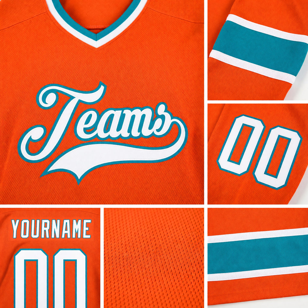 Custom Orange White-Teal Hockey Jersey detail