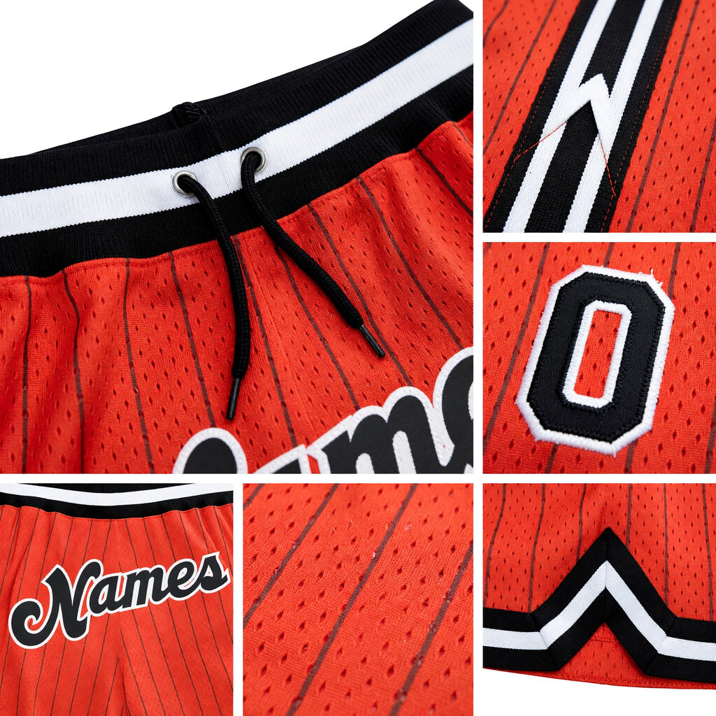Custom Orange Black Pinstripe Black-White Authentic Basketball Shorts detail