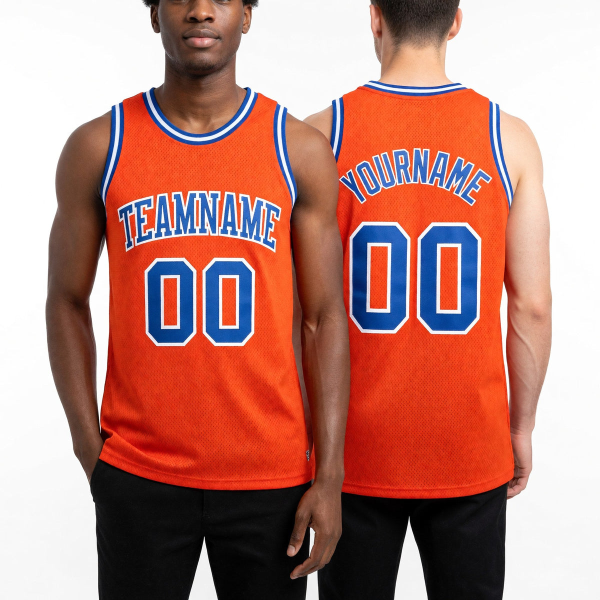 Custom Orange Royal-White Authentic Throwback Basketball Jersey worn front and back