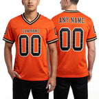 Custom Orange Black-Old Gold Mesh Authentic Throwback Football Jersey worn front and back