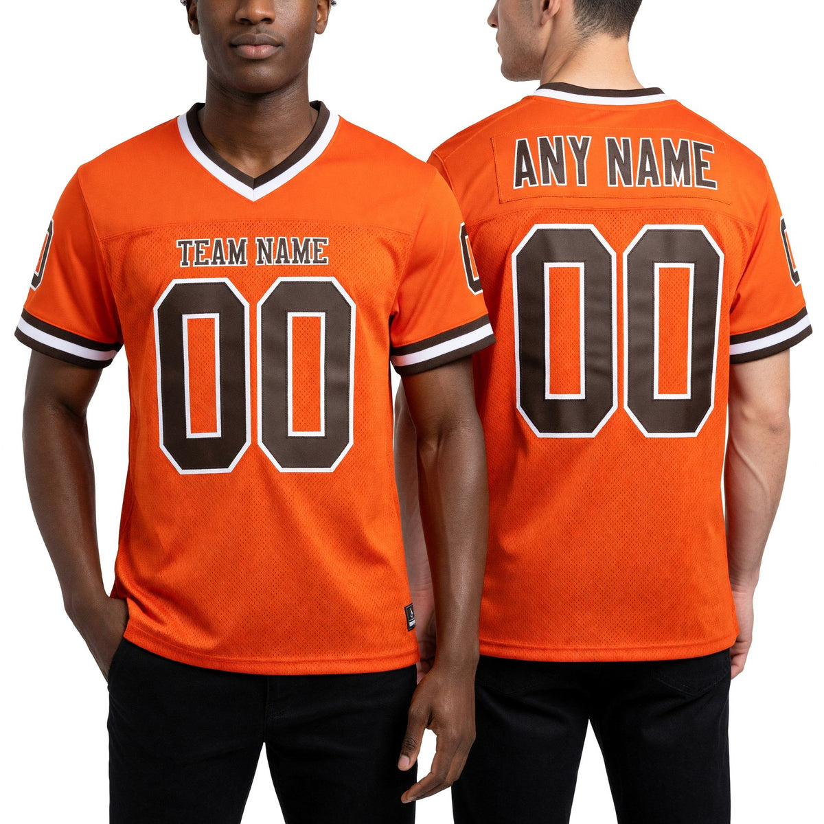 Custom Orange Brown-White Mesh Authentic Throwback Football Jersey worn front and back